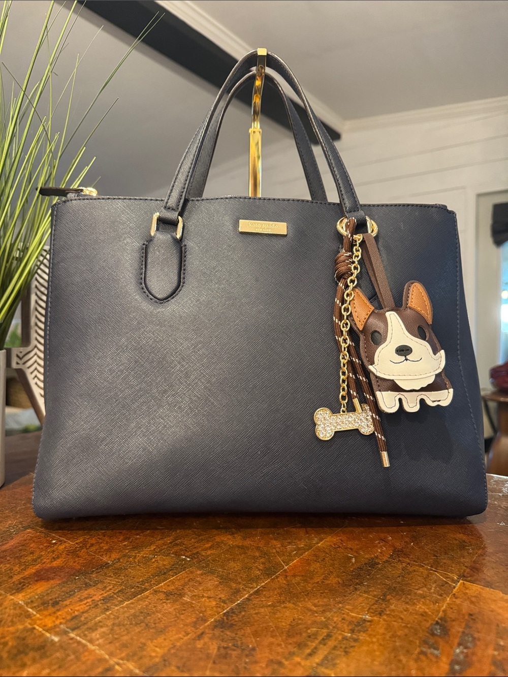 kate spade navy tote with brown and cream dog charm - Picture 13 of 15